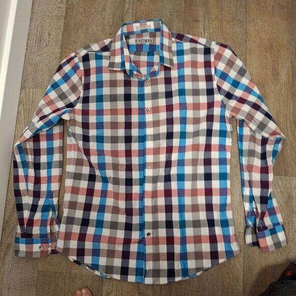 Express Other - Express Mens Fitted Plaid Long Sleeve Shirt Size L Cotton Button Cuffs 11/2013